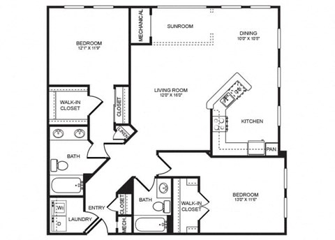 Floor plan for 2 beds, 2 baths, 1297 sqft